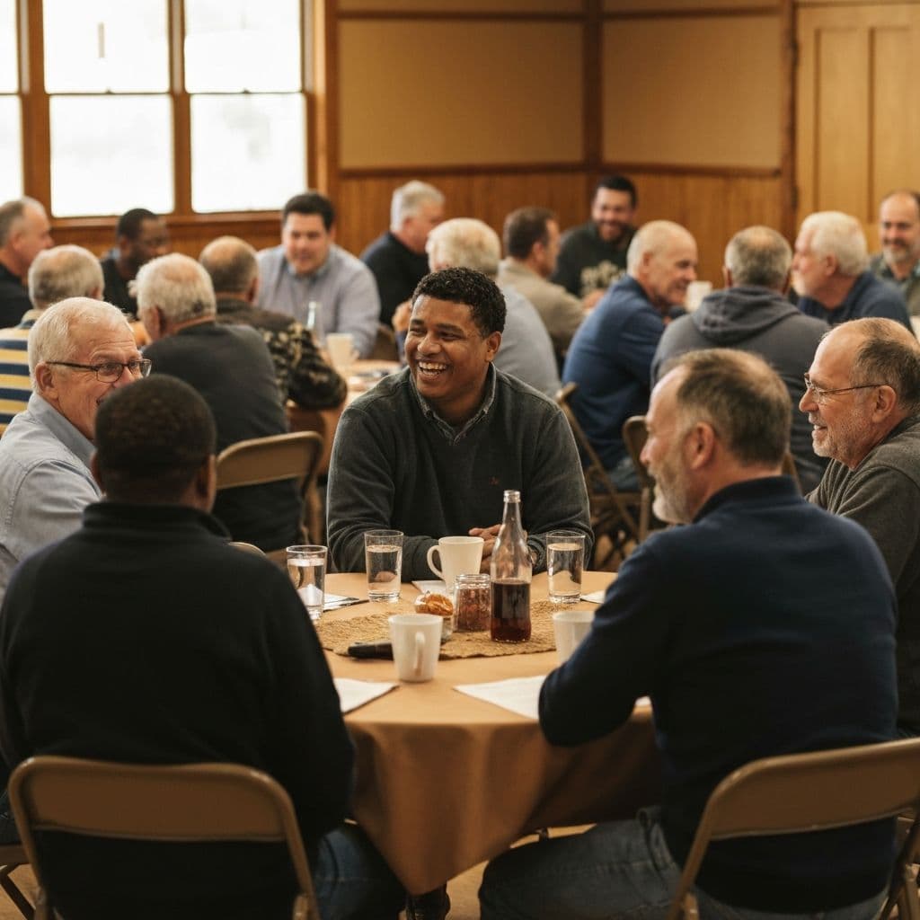 Men sitting around tables in fellowship at Table Talk gathering