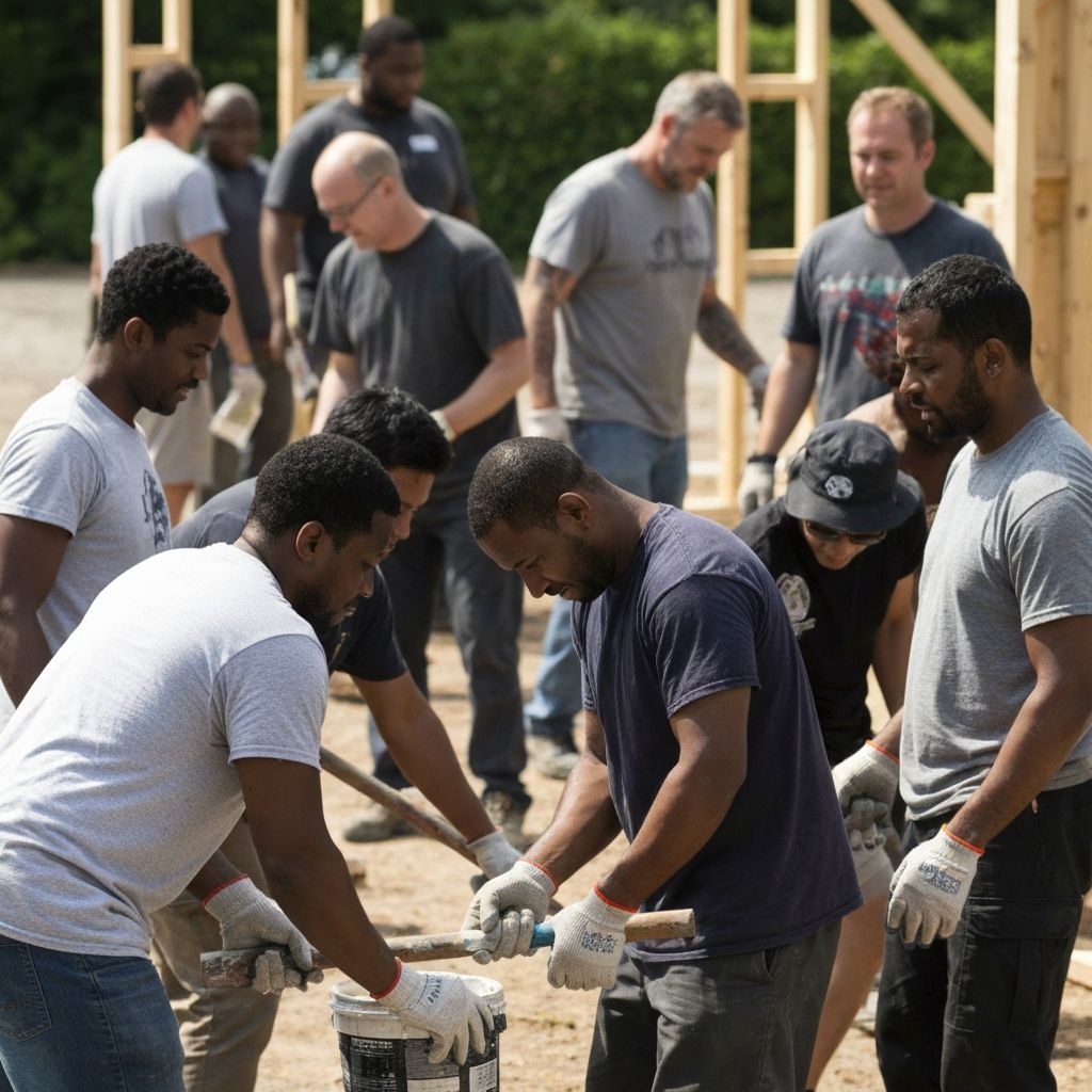 Men volunteering together at a community building project