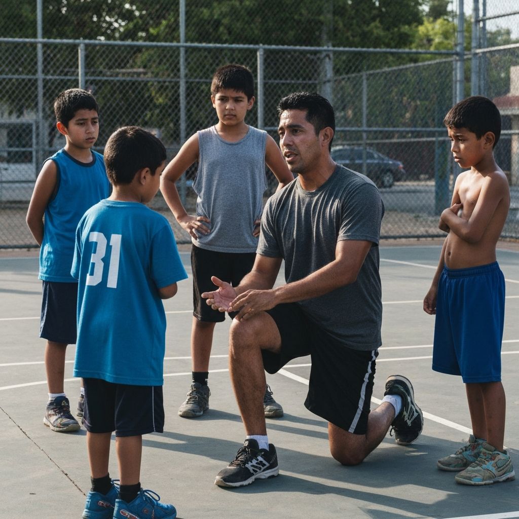 Father coaching youth basketball team