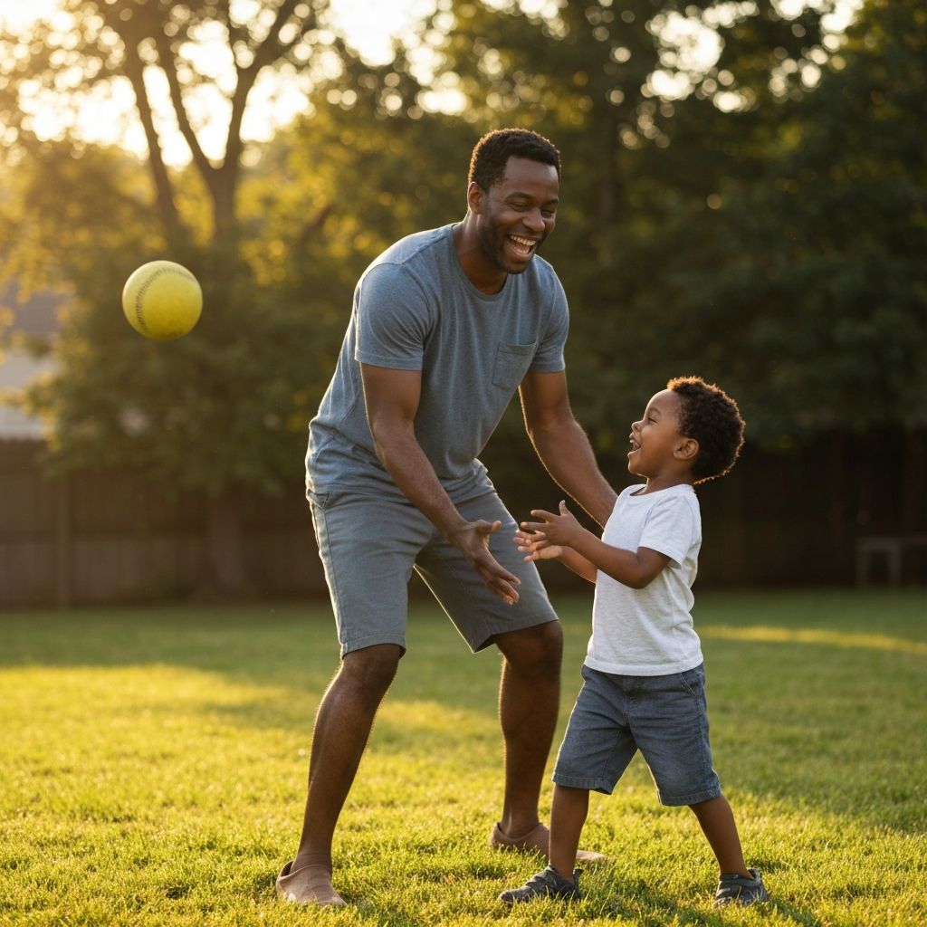 Father playing catch with his son in the backyard
