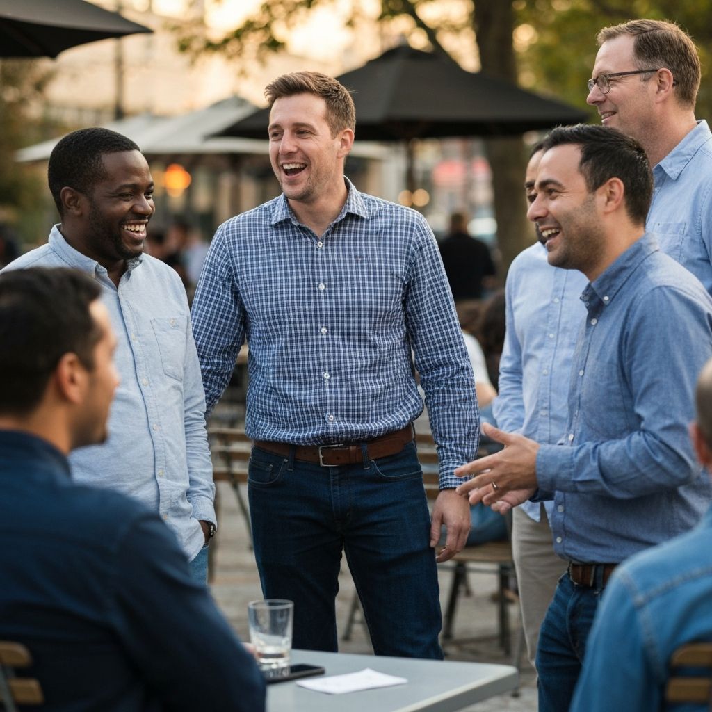 Diverse group of men having genuine conversation at outdoor gathering