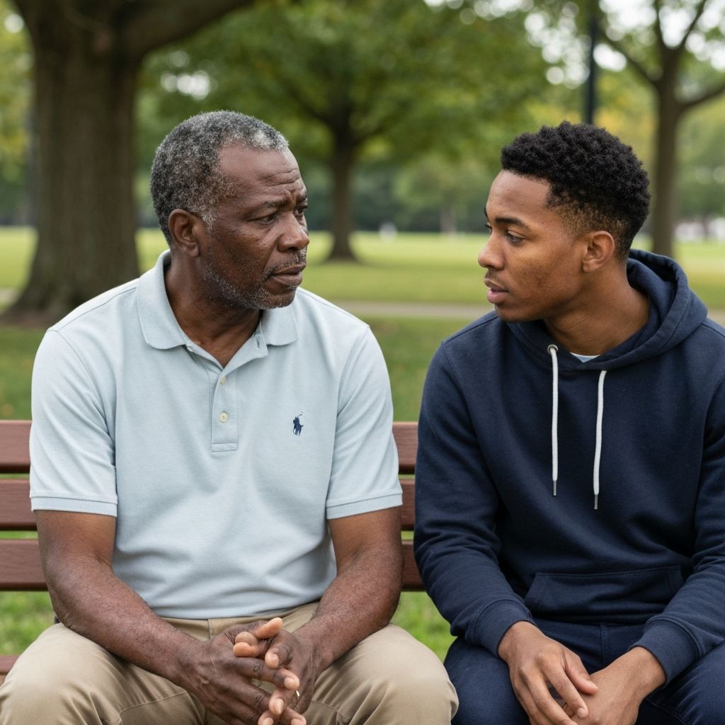 Older man mentoring younger man on a park bench