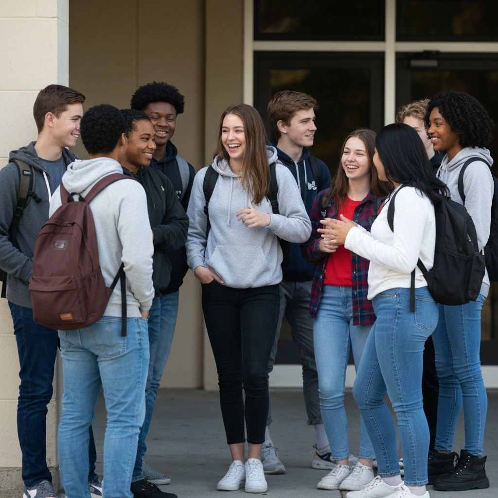 High school students standing together talking and laughing