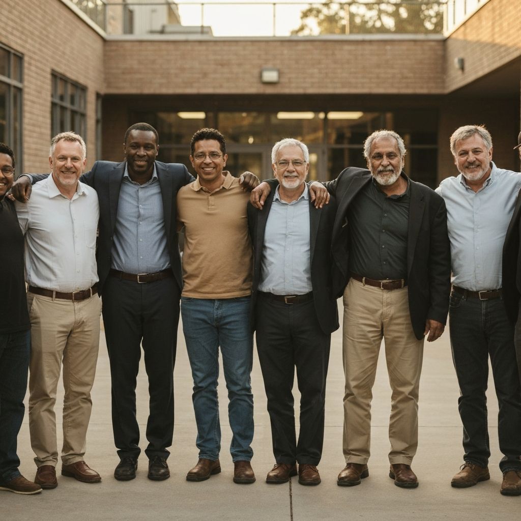 Diverse group of men from all backgrounds standing together in brotherhood