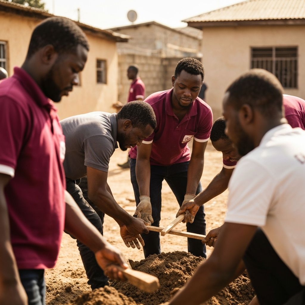 Diverse men working together in community service